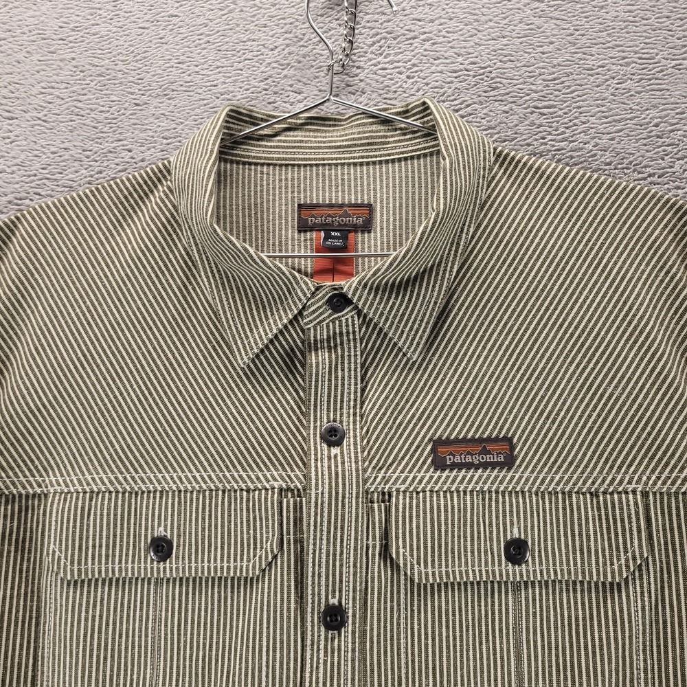 Patagonia Shirt Mens 2XL Green Farriers Stripe Long Sleeve Pockets Gorp Work